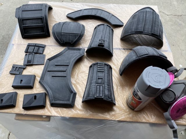 Raw, sanded 3D printed armor, sandable filler primer and PPE